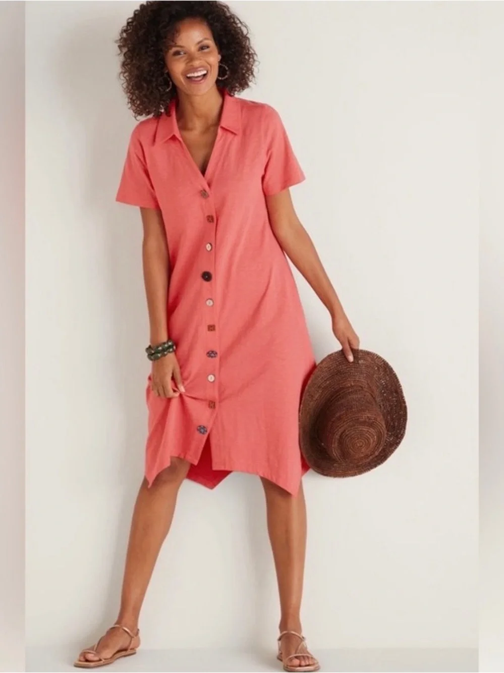 Soft Surroundings Coral Button-Front Midi Dress - Picture 4 of 9